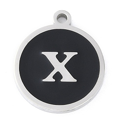 Letter X 201 подвески из нержавеющей стали, с черной эмалью, цвет нержавеющей стали, плоские круглые с буквы, Письмо X, 18.5x15.5x2 мм, отверстие : 1.6 мм