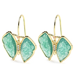 Light Sea Green Natural Jade Dangle Earrings, with Cubic Zirconia and Rack Plating Brass Findings, Dyed, Butterfly, Light Sea Green, 29.5~30x23~24mm