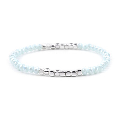 Sky Blue Gold-tone Miyuki Elastic Crystal Beaded Bracelet with Acrylic Tube Beads