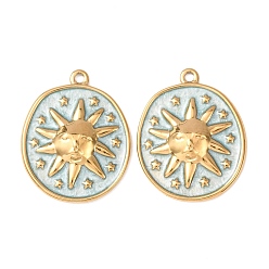 Sky Blue 304 Stainless Steel Pendants, with Enamel, Oval & Sun Charms, Real 18K Gold Plated, Ion Plating(IP), Sky Blue, 28x22x4mm, Hole: 1.8mm