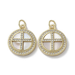 Shell Brass Micro Pave Clear Cubic Zirconia Cross Pendants, Natural Shell Flat Round Charms with Jump Rings, Real 18K Gold Plated, 18.5x15.5x3.5mm, Hole: 3mm