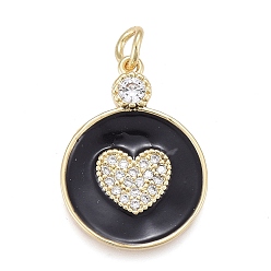 Black Valentine's Day Brass Micro Pave Cubic Zirconia Pendants, with Enamel, Long-Lasting Plated, Real 18K Gold Plated, Flat Round with Heart, Black, 22x16x2mm, Hole: 3mm