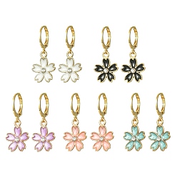 Mixed Color Alloy Enamel Flower Leverback Earrings, Crystal Rhinestone Sakura Dangle Earring for Women, Mixed Color, 30x13.5mm