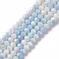 Light Sky Blue Faceted Electroplated Glass Beads Strands, AB Color Plated, Abacus, Light Sky Blue, 8~8.5x6.5mm, Hole: 1.4mm, about 66pcs/strand, 16.57 inch(42.1cm)