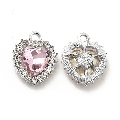 Pink Alloy Glass Pendants, Crystal Rhinestone Heart Charm, Platinum, Pink, 19x16x5.8mm, Hole: 2mm