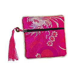 Medium Violet Red Chinese Brocade Tassel Zipper Jewelry Bag Gift Pouch, Square with Flower Pattern, Medium Violet Red, 11.5~11.8x11.5~11.8x0.4~0.5cm