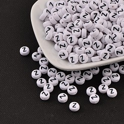 Letter Z Acrylic Beads, with Horizontal Hole, Letter, Flat Round, Letter.Z, 7x4mm, Hole: 1mm, about 3500pcs/500g