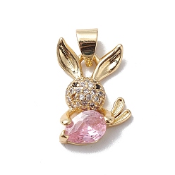 Pink Rack Plating Brass Cubic Zirconia Charms, Long-Lasting Plated, Cadmium Free & Lead Free, Real 18K Gold Plated, Rabbit with Carrot Charm, Pink, 18x13x4mm, Hole: 3x5mm