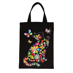 Black Rectangle with Cat & Butterfly & Flower Pattern DIY Diamond Painting Handbag Kits, including Resin Rhinestone, Diamond Sticky Pen, Tray Plate and Glue Clay, Black, 630mm, Bag: 380x300mm.