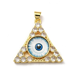 Light Blue Real 18K Gold Plated Brass Pendants, with Glass and Acrylic, Triangle With Evil Eye Charms, Light Blue, 27x28x7mm, Hole: 4x3.5mm