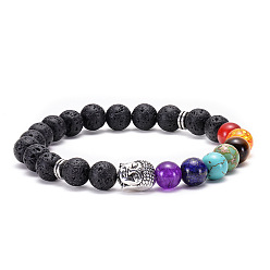 Buddha Head - Ancient Silver Lava Volcano Stone Leopard Lion Owl Bracelet with Seven Chakra Stones and Natural Buddha Head Beads