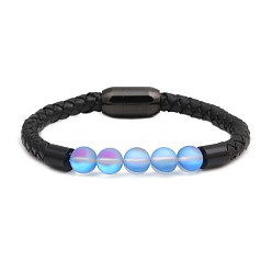 2# Stylish Leather Bracelet with Stainless Steel Magnetic Clasp and Moonstone Beads for Women