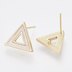 Real 18K Gold Plated Brass Stud Earring Findings, with Shell and Loop, Nickel Free, Triangle, Creamy White, Real 18K Gold Plated, 12x14mm, Hole: 0.8mm, Pin: 0.8mm