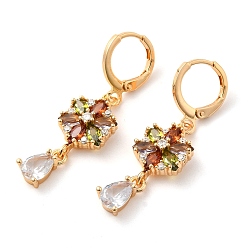 Colorful Rack Plating Golden Brass Dangle Leverback Earrings, with Cubic Zirconia, Flower, Colorful, 38x10.5mm