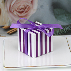 Purple Square Paper Striped Candy Storage Box with Ribbon, Candy Gift Bags Christmas Party Wedding Favors Bags, Purple, 5.5x5.5x5.5cm