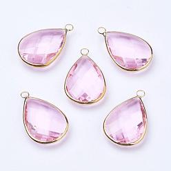 Pearl Pink Golden Tone Brass Glass Teardrop Pendants, Faceted, Pearl Pink, 18x10x5mm, Hole: 2mm