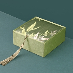 Dark Sea Green Chinese Style Bamboo Leaf Brocade & Satin Box, for Bracelet, Earring, Square, Dark Sea Green, 10x10x4cm