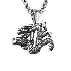 Dragon Alloy Pendant Necklaces for Men, Stainless Steel Box Chain Necklace, Dragon, 23.62 inch(60cm)