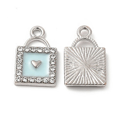 Cielo Azul Colgantes de la aleación del esmalte, con diamantes de imitación de cristal, candado con dijes de corazón, Platino, el cielo azul, 18x11.5x2.5 mm, agujero: 1.8 mm