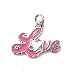 Pink Латунь эмаль подвески, со словом любовь, стойки покрытие, долговечный, без кадмия и без свинца, платина, с целью перехода в кольце, розовые, 15x19.5x1.5 мм, отверстие : 3.2 мм