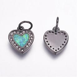 Gunmetal Brass Micro Pave Cubic Zirconia Charms, with Synthetic Opal, Heart, Gunmetal, 12x10x2mm, Hole: 4mm