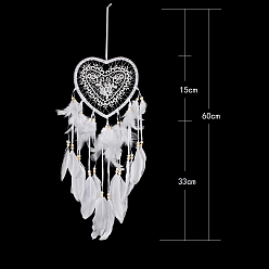 White Feather Heart Woven Net/Web Wind Chimes, with Beads, for Home Party Festival Decor, White, 600mm