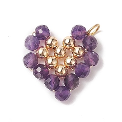 Amethyst Natural Amethyst Copper Wire Wrapped Pendants, Heart Charms, with Golden Tone Brass Beads, 22.5x22x4.5mm, Hole: 3.6mm
