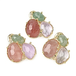 Смешанные камни Соединительные элементы из натурального аметиста/клубничного кварца, с латунной фурнитурой , граненые, золотые, 30.5~31x33x5 мм, отверстие : 1.8 мм