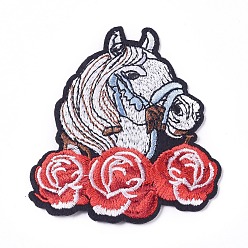 Colorful Computerized Embroidery Cloth Iron on/Sew on Patches, Costume Accessories, Appliques, Horse with Rose, Colorful, 78x72x1.5mm
