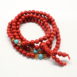 Red 4-Loop Wrap Buddha Meditation Yellow Jade Beaded Bracelets, Buddhist Necklaces, Red, 720x6mm, 108pcs/strand, about 28.3 inch