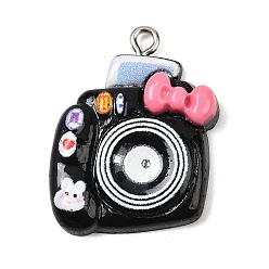 Черный Непрозрачные подвески смолы, мгновенная камера, с железной платиной петлей, чёрные, 27x20x6 мм, отверстие : 2 мм