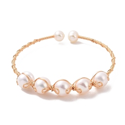 Light Gold Natural Pearl Beaded Cuff Bangles, Copper Wire Wrapped Jewelry,, Long-Lasting Plated, Light Gold, Inner Diameter: 2-1/8 inch(5.5cm)