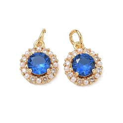 Golden Brass Micro Pave Blue Cubic Zirconia Charms, Round Charms, Golden, 12.5x10.5x4mm, Hole: 3.5mm