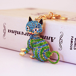 Lime Green Fashion Rhinestones Enamel Sitting Cat Pendant Keychain, with Alloy Findings, for Car Bag Pendant Keychain, Lime Green, 12cm