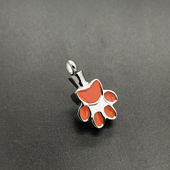 Salmon Openable Stainless Steel Memorial Urn Ashes Pendants, with Enamel, Paw Print, Salmon, 26.5x16.5mm