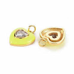 Champagne Yellow Brass Enamel Pendants, with Clear Cubic Zirconia and Jump Ring, Nickel Free, Real 16K Gold Plated, Heart, Champagne Yellow, 17.5x15.5x4.5mm, Hole: 3.5mm