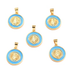 Light Sky Blue Brass Enamel Pendants, Cadmium Free & Lead Free, Long-Lasting Plated, Flat Round with Virgin Mary, Real 18K Gold Plated, Light Sky Blue, 18x16x2.5mm, Hole: 4.5x3.5mm