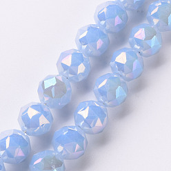 Light Sky Blue Electroplate Glass Beads Strands, AB Color Plated, Imitation Jade Glass, Faceted, Round, Light Sky Blue, 10x9.5mm, Hole: 1.2mm, about 60pcs/strand, 21.65 inch~22.05 inch(55cm~56cm)