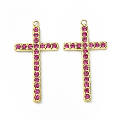 Rose Real 14K Gold Plated 304 Stainless Steel Pendants, with Rhinestone, Cross Charms, Rose, 36.5x19x2.5mm, Hole: 1.6mm