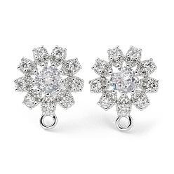 Platinum Hollow Flower Brass Micro Pave Cubic Zirconia Stud Earrings Finding, with Horizontal Loops, Cadmium Free & Lead Free, Platinum, 18.5x15mm, Hole: 1.8mm, Pin: 0.8mm