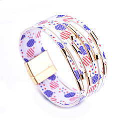 Colorful Independence Day PU Leather Multi-strand Bracelets for Women, with Alloy Magnetic Clasps, Colorful, 7-7/8 inch(20cm)