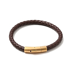 Golden Leather Braided Cord Bracelet with 304 Stainless Steel Clasp for Men Women, Coconut Brown, Golden, 8-1/2 inch(21.5cm)