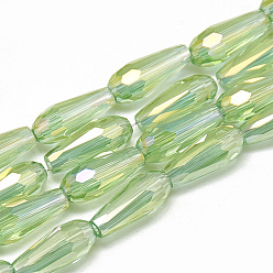 Light Green Electroplate Glass Beads Strands, Faceted Teardrop, Light Green, 9~9.5x4mm, Hole: 1mm, about 72pcs/strand, 25.98 inch