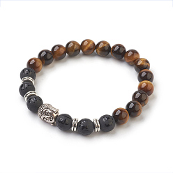 Tiger Eye Natural Tiger Eye Beads and Natural Frosted Agate Beads Stretch Bracelets, with Tibetan Style Beads, Round, 2-1/8 inch(5.4cm), Bag: 12x8.5x3cm