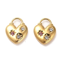 Real 14K Gold Plated 304 Stainless Steel Pendants, with Rhinestone, Heart Padlock Charms, Real 14K Gold Plated, 17.5x14x4mm, Hole: 5.5x5.5mm