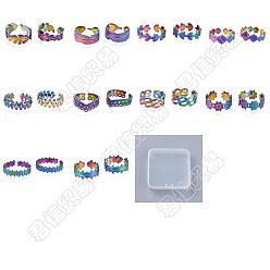 Rainbow Color 9 шт. 9 стиль 304 кольцо-манжета из нержавеющей стали в виде листьев, перьев, пули, короны и цветка, открытое кольцо цвета радуги для женщин, размер США 7 (17.3 мм) ~ размер США 10 1/4 (19.9 мм), 1 шт / стиль