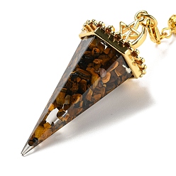 Тигровый глаз Большие подвески-маятники из натурального тигрового глаза и биолокации из смолы, с реечной накладкой из латуни с золотистым напылением, без свинца и без кадмия, шестиугольный конус, 300~305 мм