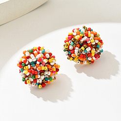 Colorful Plastic Bead Cluster Stud Earrings, Real 18K Gold Plated Brass Jewelry for Women, Half Round, Colorful, 30mm