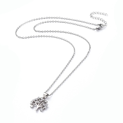 Stainless Steel Color 304 Stainless Steel Chain Necklaces, with Brass Micro Pave Cubic Zirconia Pendants, Tree, Stainless Steel Color, 17.8 inch(45.4cm)