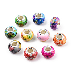 Mixed Color Opaque Resin European Beads, Imitation Crystal, Two-Tone Large Hole Beads, with Silver Tone Brass Double Cores, Rondelle, Mixed Color, 14x9.5mm, Hole: 5mm